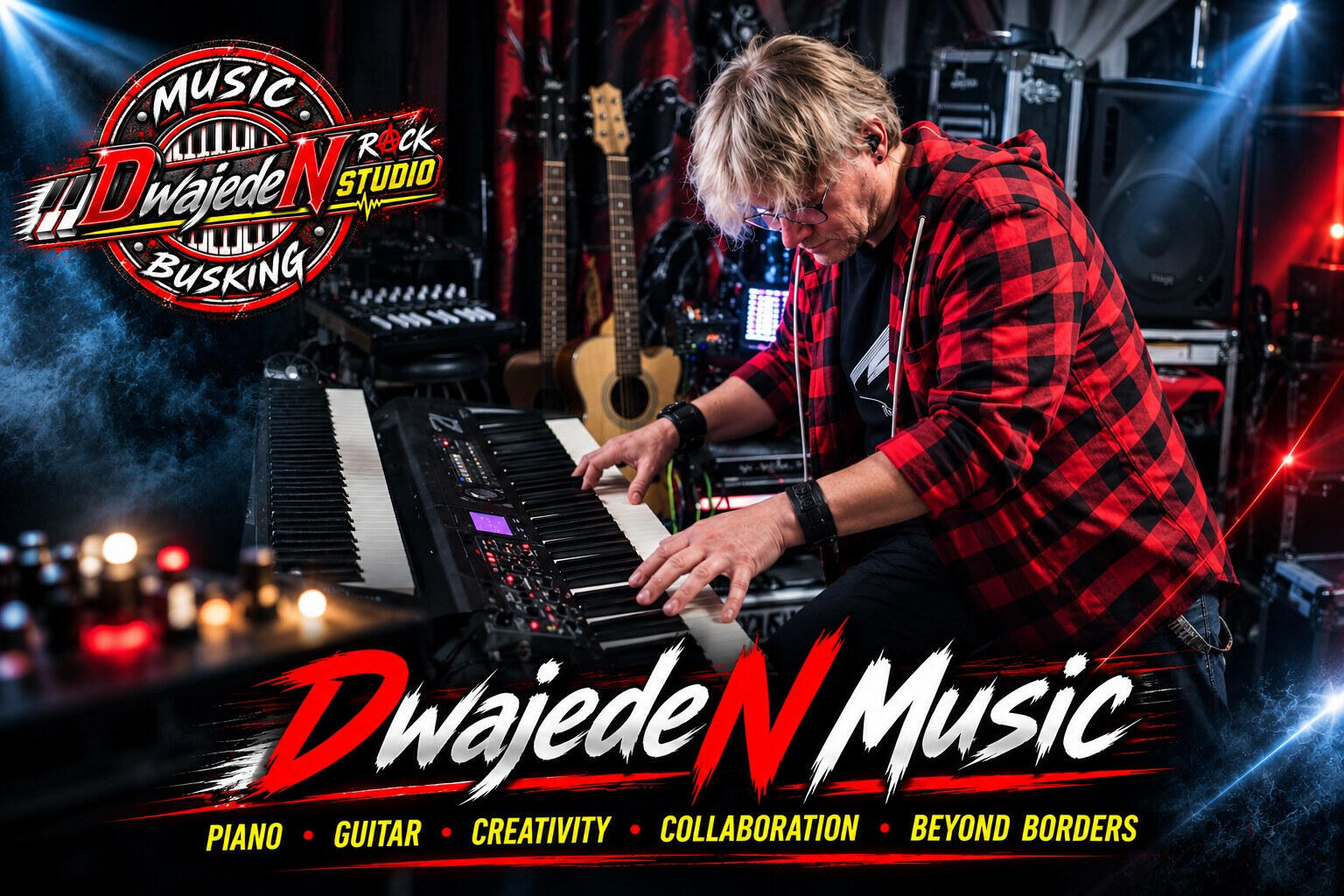 DwajedeN Music - pianist and guitarist performing at a keyboard, with the DwajedeN Music logo and international collaboration slogan.